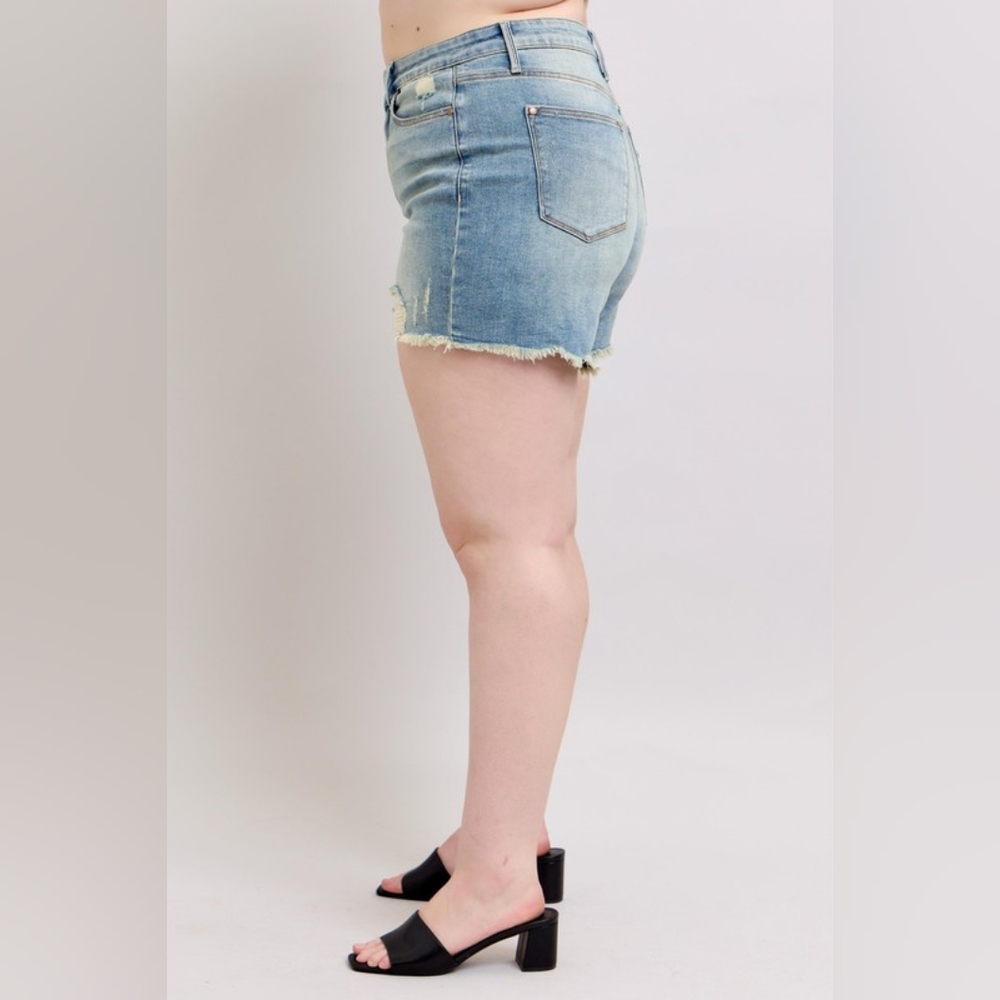 Judy Blue Full Size High Rise Washed Fly Stitch Detail and Destroy Denim Shorts - Picture 10 of 16